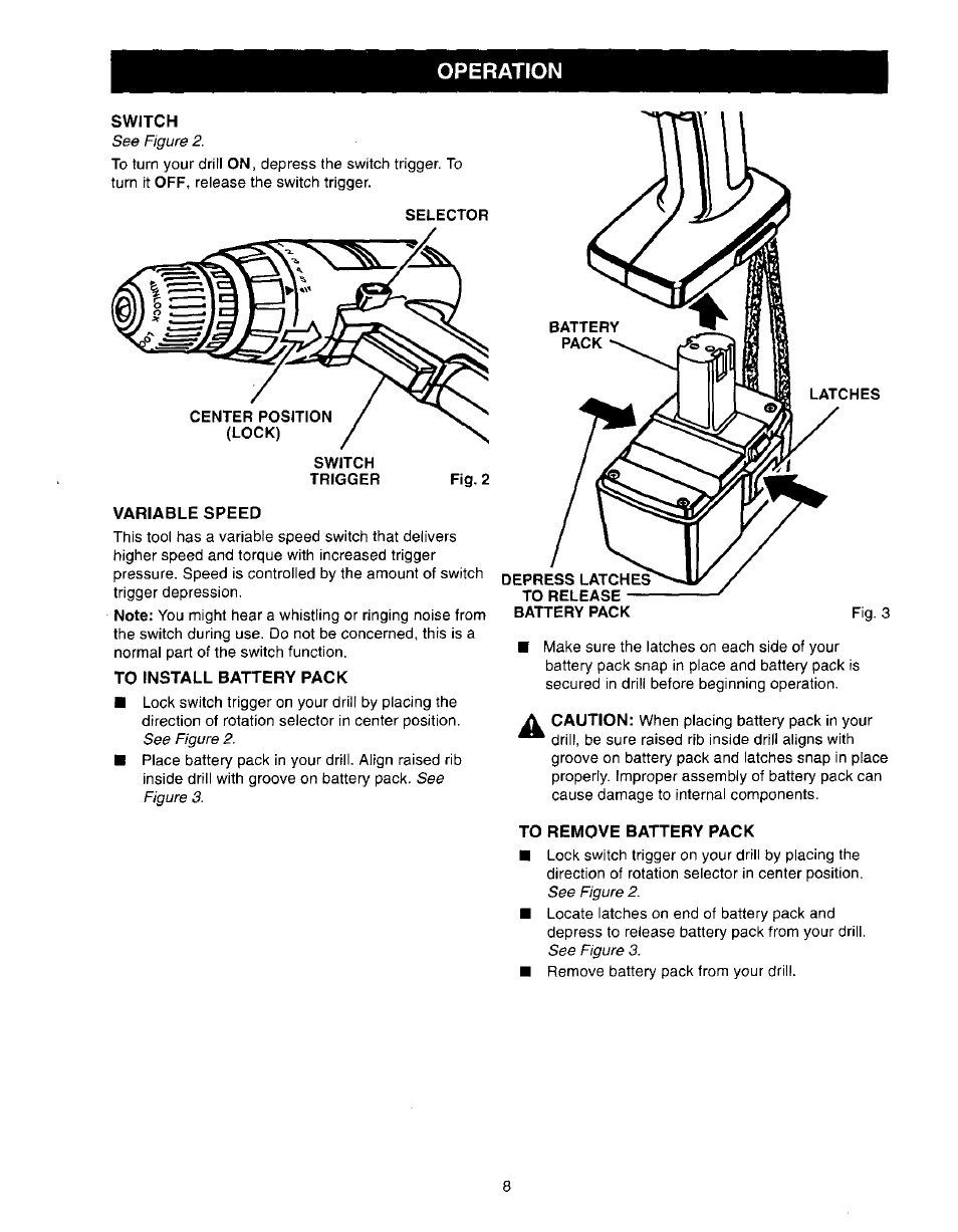 Switch, Variable speed, To install battery pack | To remove battery pack, Operation | Craftsman 973.110770 User Manual | Page 8 / 16