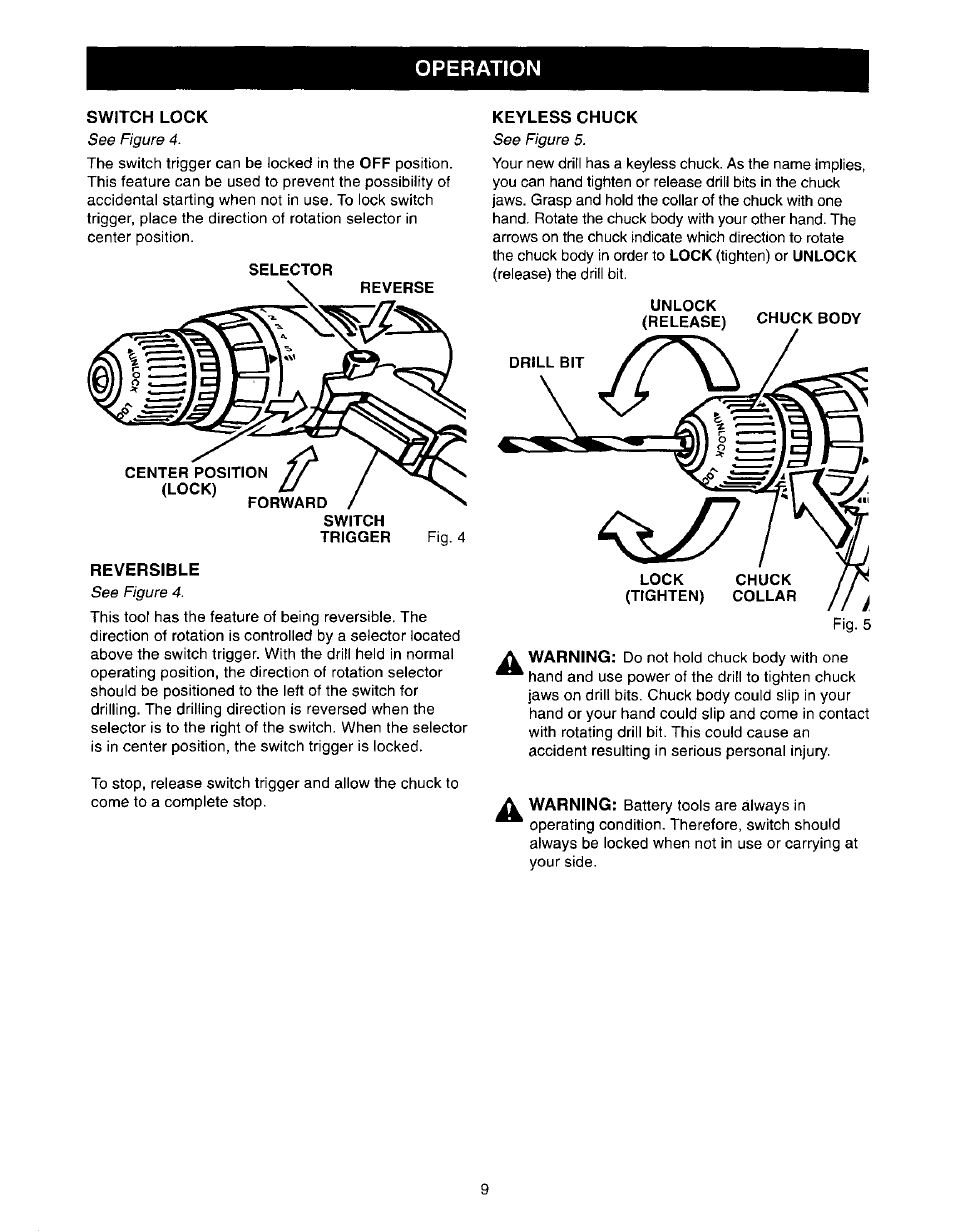Switch lock, Keyless chuck, Reversible | Operation | Craftsman 973.110770 User Manual | Page 9 / 16