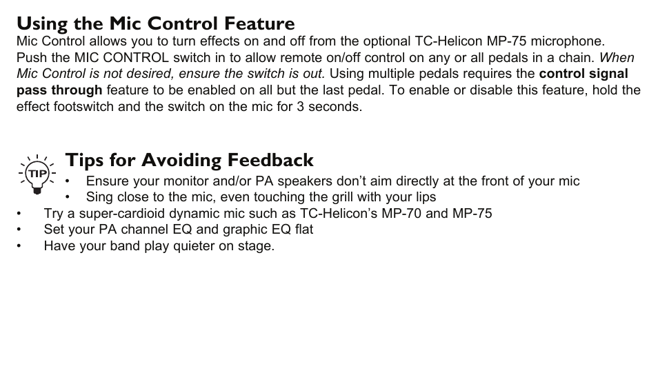 Using the mic control feature, Tips for avoiding feedback | TC-Helicon VoiceTone T1 Manual User Manual | Page 10 / 12