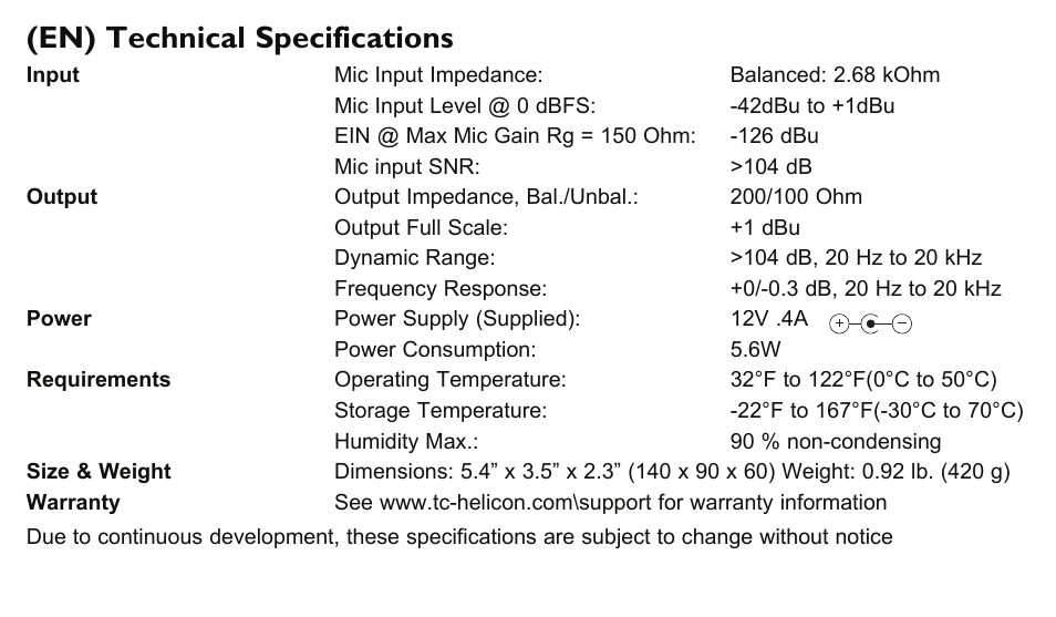 En) technical specifications | TC-Helicon VoiceTone T1 Manual User Manual | Page 12 / 12