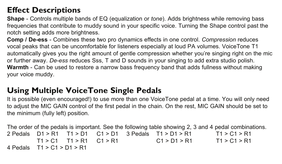 Effect descriptions, Using multiple voicetone single pedals | TC-Helicon VoiceTone T1 Manual User Manual | Page 8 / 12