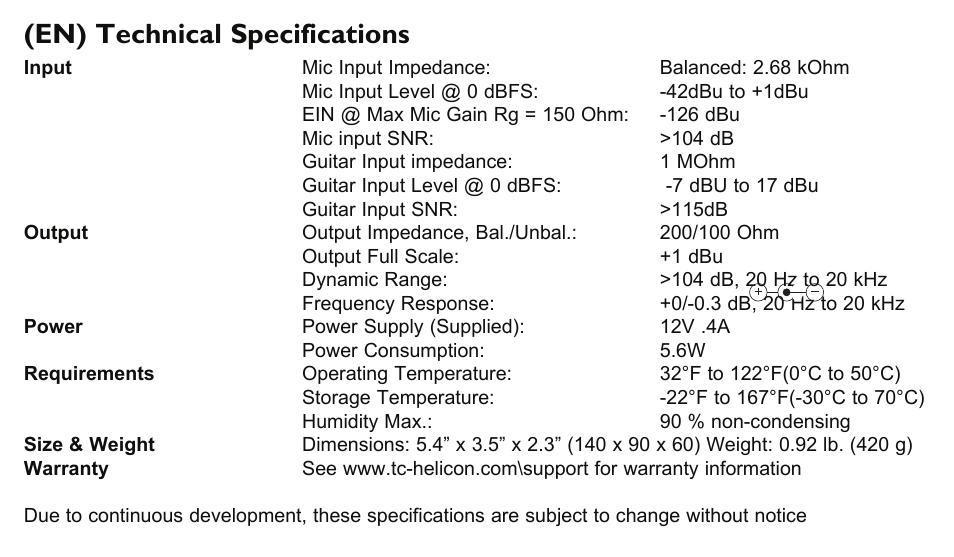 En) technical specifications | TC-Helicon VoiceTone C1 Manual User Manual | Page 11 / 11