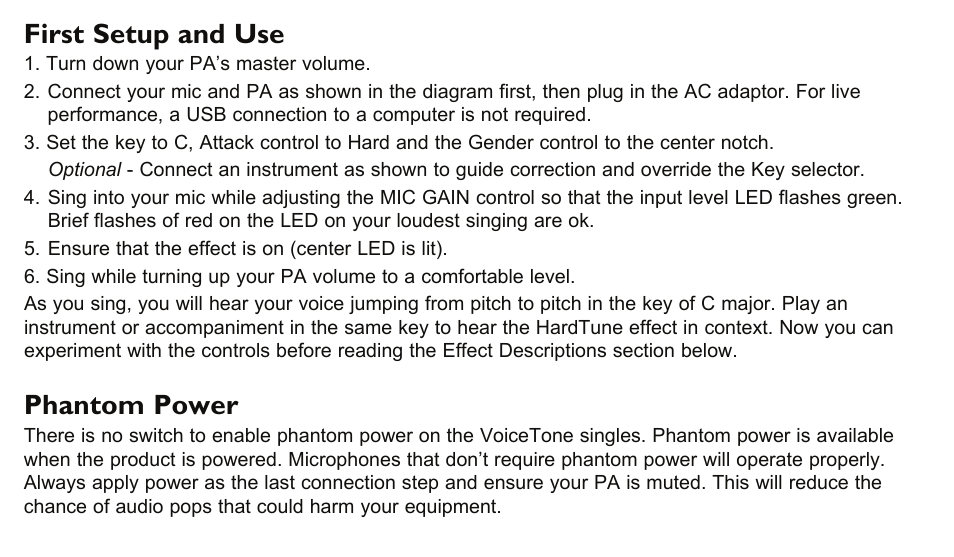 First setup and use, Phantom power | TC-Helicon VoiceTone C1 Manual User Manual | Page 7 / 11