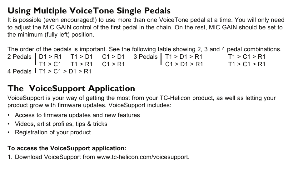 Using multiple voicetone single pedals, The voicesupport application | TC-Helicon VoiceTone C1 Manual User Manual | Page 9 / 11