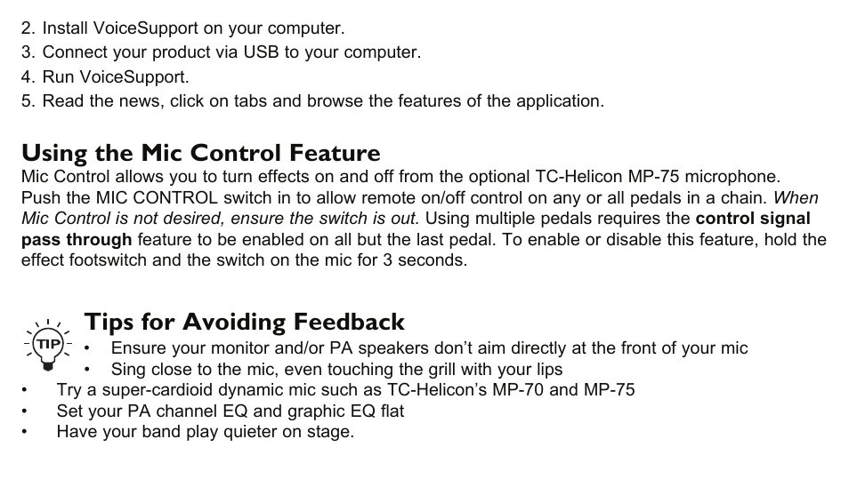 Using the mic control feature, Tips for avoiding feedback | TC-Helicon VoiceTone D1 Manual User Manual | Page 10 / 12