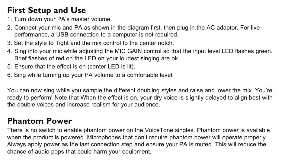First setup and use, Phantom power | TC-Helicon VoiceTone D1 Manual User Manual | Page 7 / 12