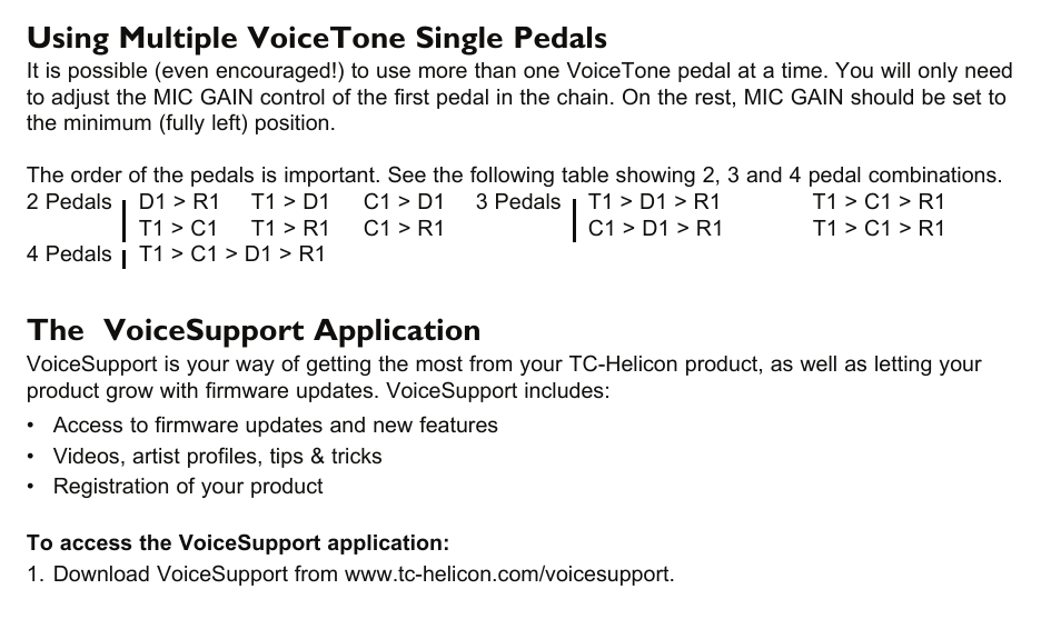 Using multiple voicetone single pedals, The voicesupport application | TC-Helicon VoiceTone D1 Manual User Manual | Page 9 / 12