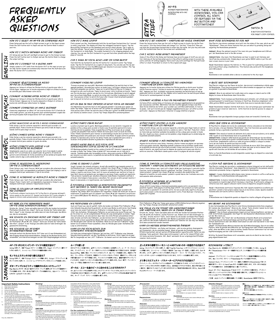 Play electric quick start guide - back - web, Frequently asked questions, Extra stuf f | English, Français it aliano esp añol jap anese, Deutsch | TC-Helicon Play Electric - Quick Start Guide User Manual | Page 2 / 2