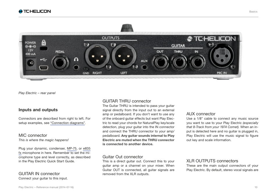 Inputs and outputs | TC-Helicon Play Electric - Reference Manual User Manual | Page 12 / 77
