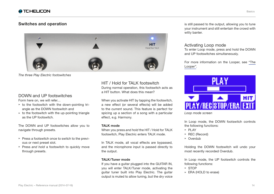Switches and operation, Down and up footswitches, Hit / hold for talk footswitch | Activating loop mode | TC-Helicon Play Electric - Reference Manual User Manual | Page 16 / 77