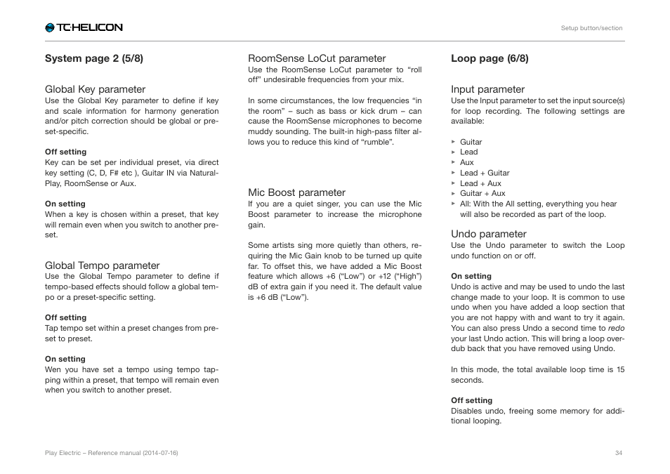 System page 2 (5/8) global key parameter, Global tempo parameter, Roomsense locut parameter | Mic boost parameter, Loop page (6/8) input parameter, Undo parameter | TC-Helicon Play Electric - Reference Manual User Manual | Page 36 / 77
