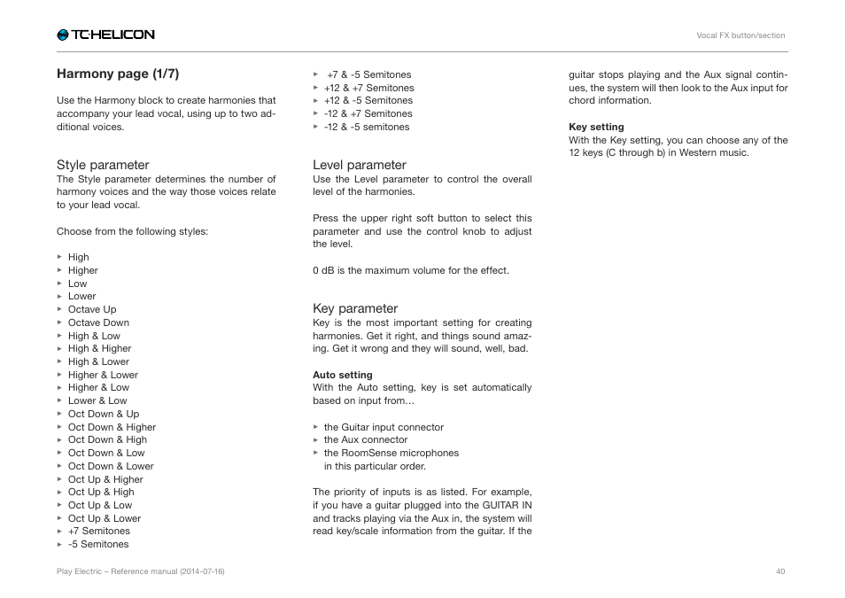 Harmony page (1/7), Style parameter, Level parameter | Key parameter | TC-Helicon Play Electric - Reference Manual User Manual | Page 42 / 77