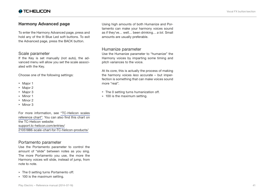 Harmony advanced page, Scale parameter, Portamento parameter | Humanize parameter | TC-Helicon Play Electric - Reference Manual User Manual | Page 43 / 77