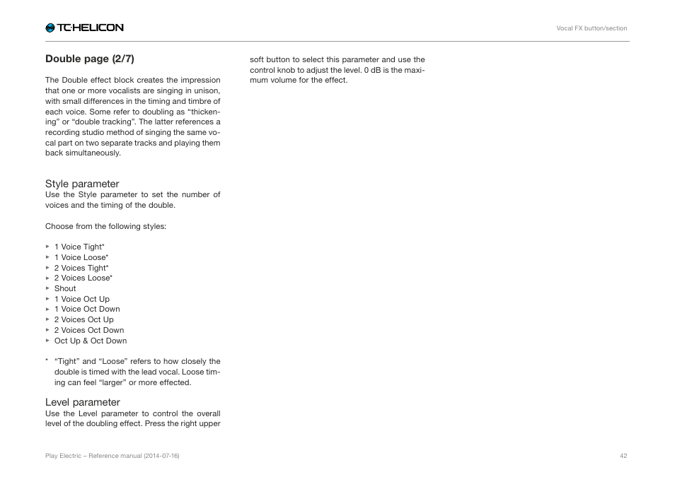 Double page (2/7), Style parameter, Level parameter | TC-Helicon Play Electric - Reference Manual User Manual | Page 44 / 77