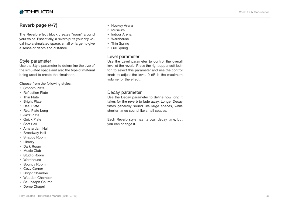 Reverb page (4/7), Style parameter, Level parameter | Decay parameter | TC-Helicon Play Electric - Reference Manual User Manual | Page 47 / 77