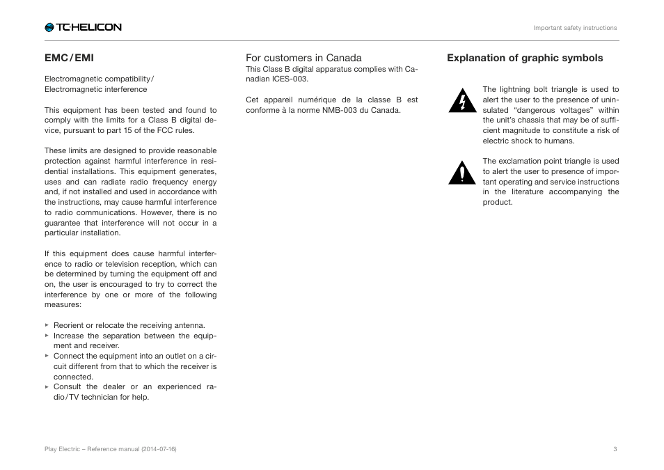 Emc / emi, For customers in canada, Explanation of graphic symbols | TC-Helicon Play Electric - Reference Manual User Manual | Page 5 / 77