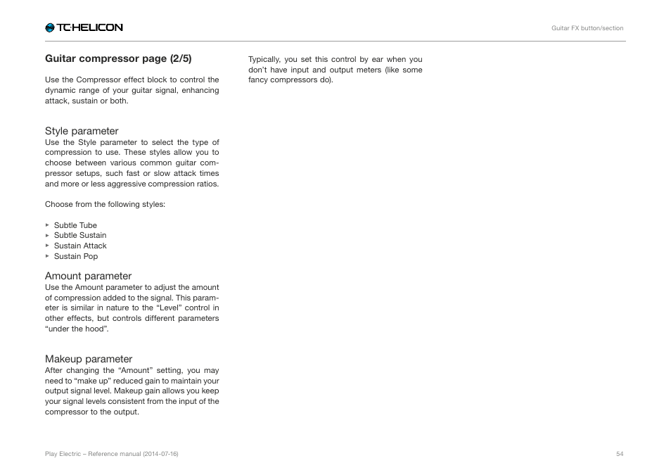 Guitar compressor page (2/5), Style parameter, Amount parameter | Makeup parameter | TC-Helicon Play Electric - Reference Manual User Manual | Page 56 / 77