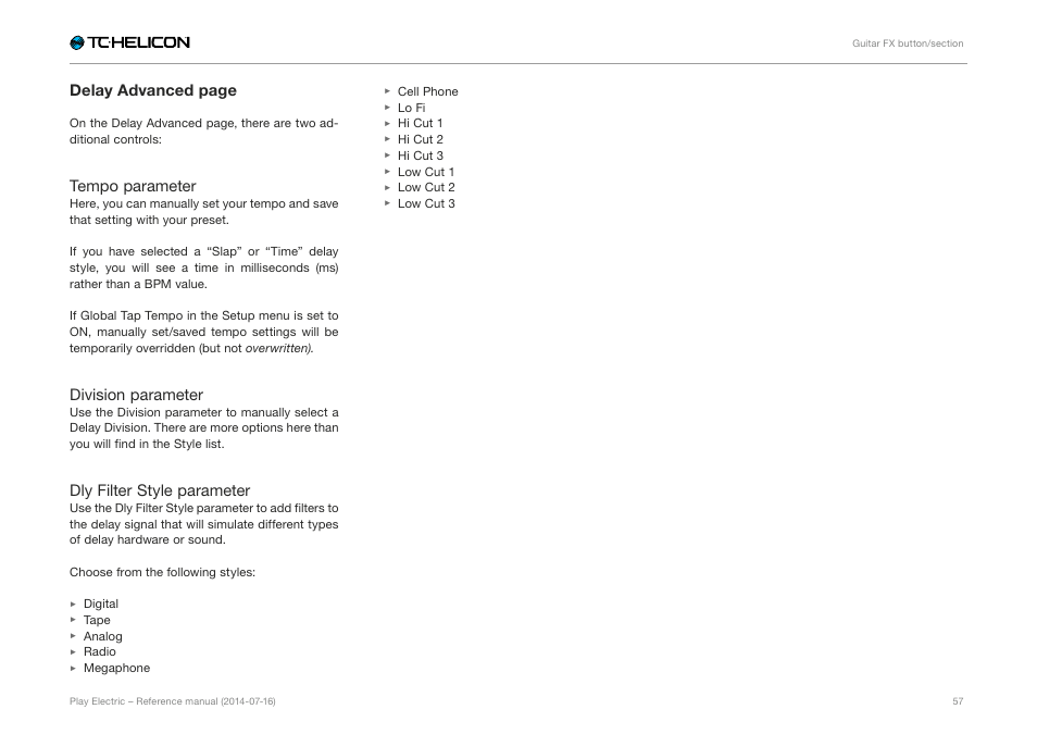 Delay advanced page, Tempo parameter, Division parameter | Dly filter style parameter | TC-Helicon Play Electric - Reference Manual User Manual | Page 59 / 77