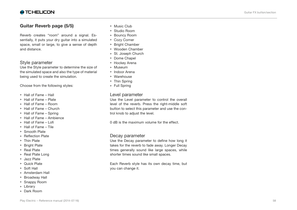 Guitar reverb page (5/5), Style parameter, Level parameter | Decay parameter | TC-Helicon Play Electric - Reference Manual User Manual | Page 60 / 77