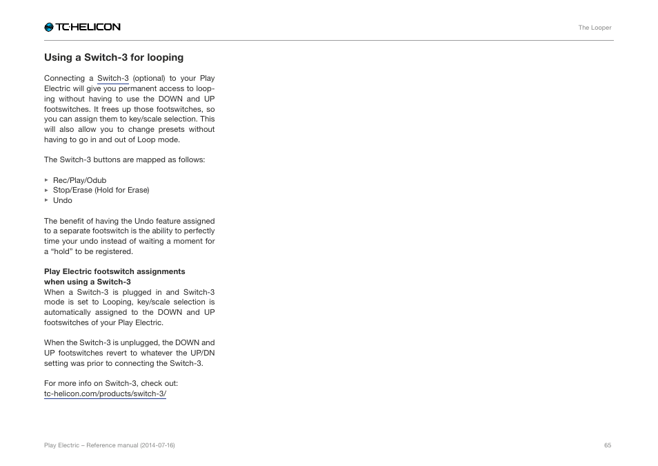 Using a switch-3 for looping | TC-Helicon Play Electric - Reference Manual User Manual | Page 67 / 77