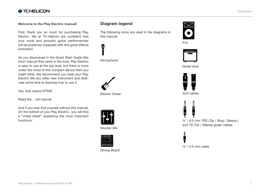 Diagram legend, Microphone, Electric guitar | Monitor mix, Mixing board, Guitar amp, Xlr cables, 5 mm cable | TC-Helicon Play Electric - Reference Manual User Manual | Page 9 / 77