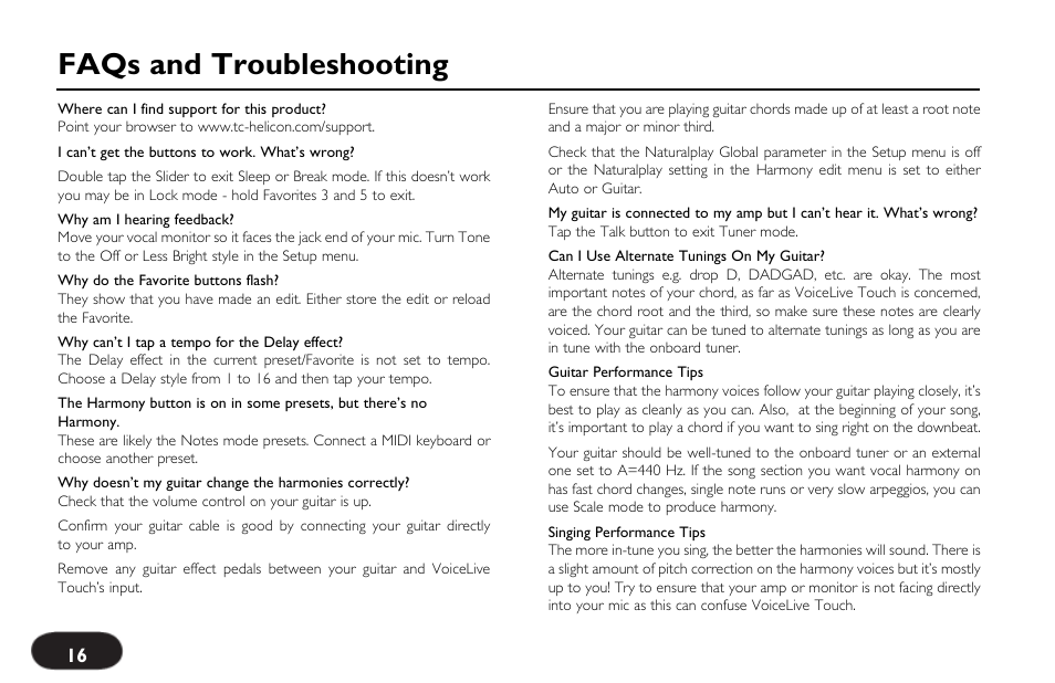 Faqs and troubleshooting | TC-Helicon VoiceLive Touch Quick Start User Manual | Page 16 / 17