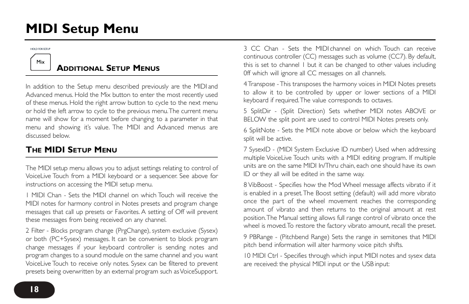 Midi setup menu | TC-Helicon VoiceLive Touch User Manual User Manual | Page 17 / 42