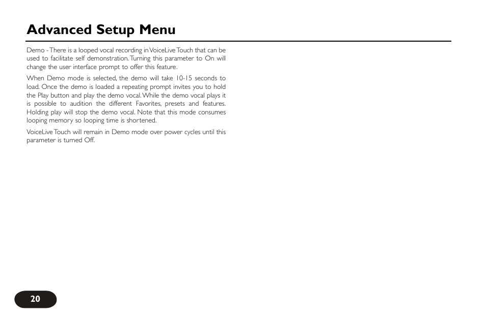 Advanced setup menu | TC-Helicon VoiceLive Touch User Manual User Manual | Page 19 / 42