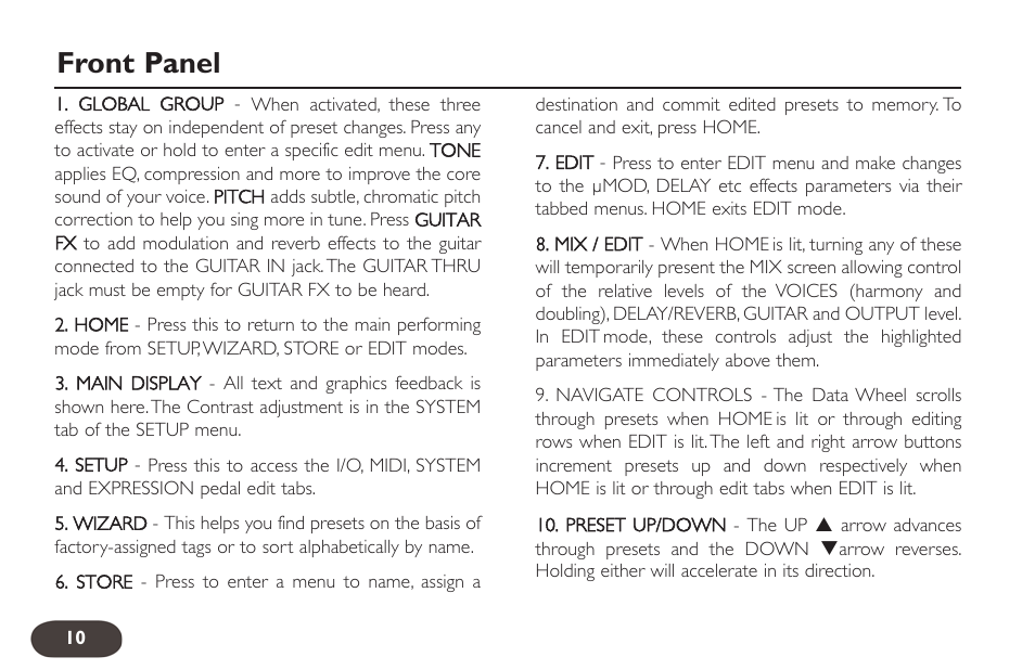 Front panel | TC-Helicon VoiceLive 2 User manual User Manual | Page 10 / 105
