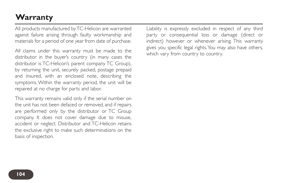 Warranty | TC-Helicon VoiceLive 2 User manual User Manual | Page 104 / 105