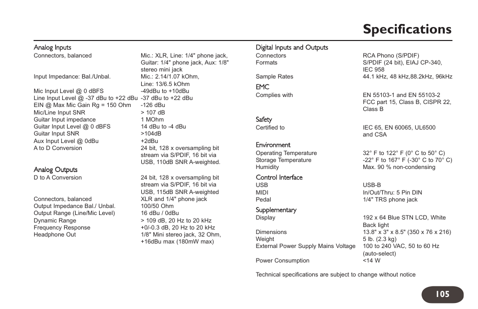 Specifications | TC-Helicon VoiceLive 2 User manual User Manual | Page 105 / 105