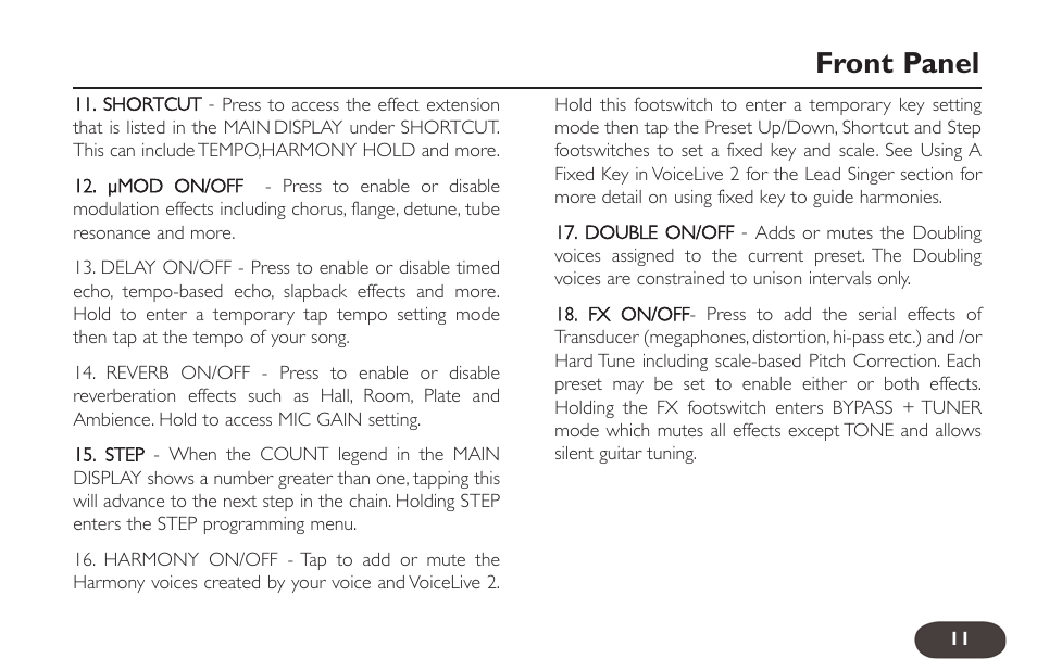 Front panel | TC-Helicon VoiceLive 2 User manual User Manual | Page 11 / 105