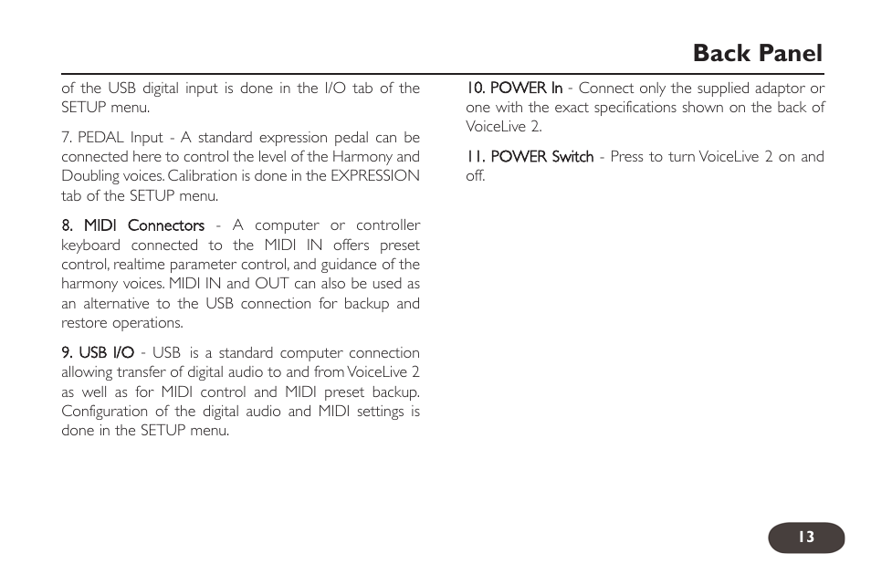 Back panel | TC-Helicon VoiceLive 2 User manual User Manual | Page 13 / 105