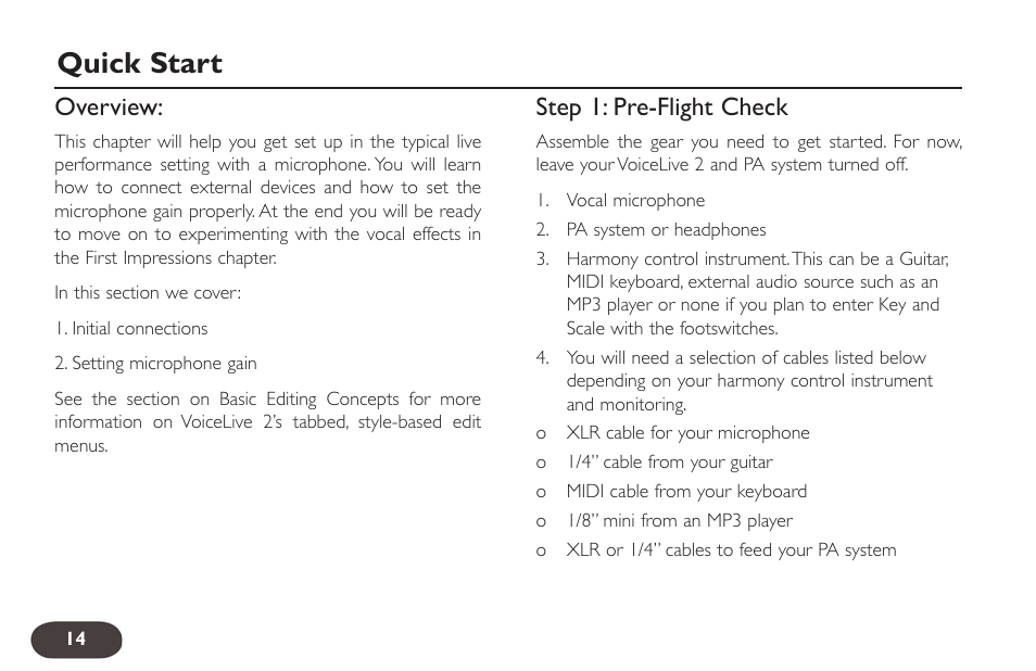 Quick start, Overview, Step 1: pre-flight check | TC-Helicon VoiceLive 2 User manual User Manual | Page 14 / 105