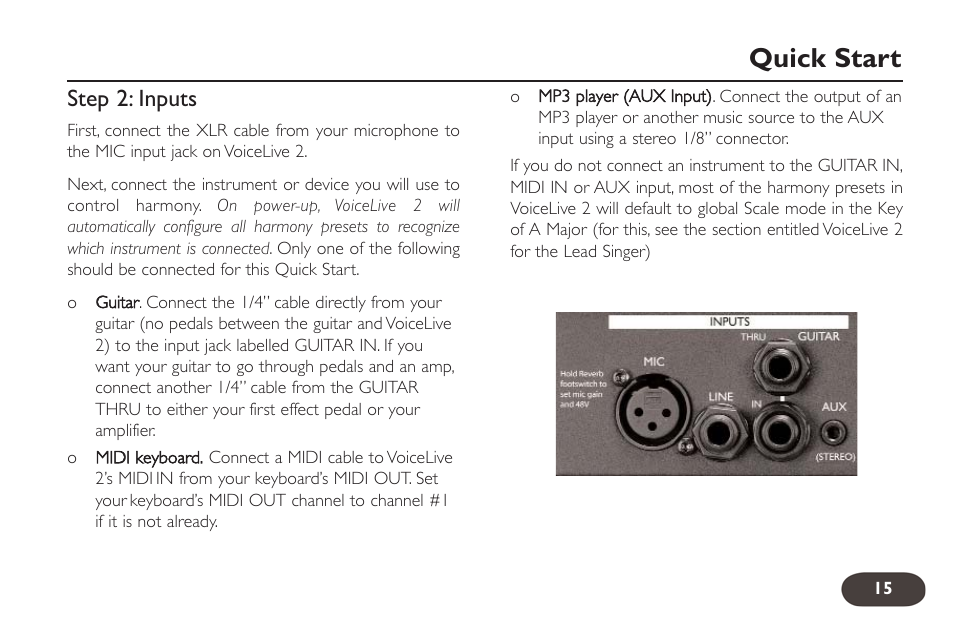 Quick start, Step 2: inputs | TC-Helicon VoiceLive 2 User manual User Manual | Page 15 / 105