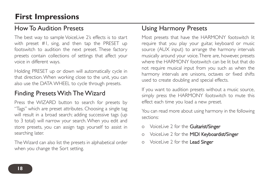 First impressions | TC-Helicon VoiceLive 2 User manual User Manual | Page 18 / 105