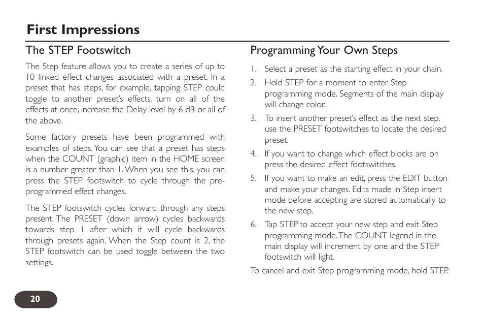 First impressions, The step footswitch, Programming your own steps | TC-Helicon VoiceLive 2 User manual User Manual | Page 20 / 105
