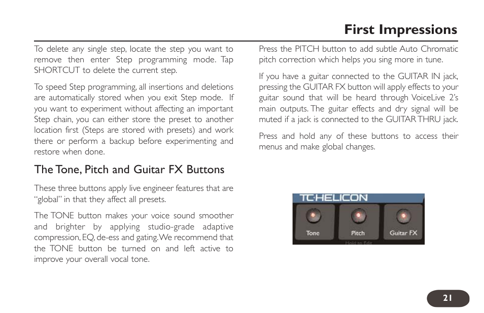 First impressions, The tone, pitch and guitar fx buttons | TC-Helicon VoiceLive 2 User manual User Manual | Page 21 / 105