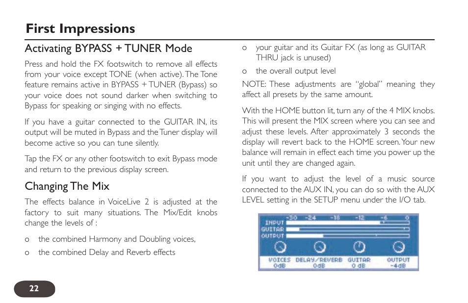 First impressions, Activating bypass + tuner mode, Changing the mix | TC-Helicon VoiceLive 2 User manual User Manual | Page 22 / 105
