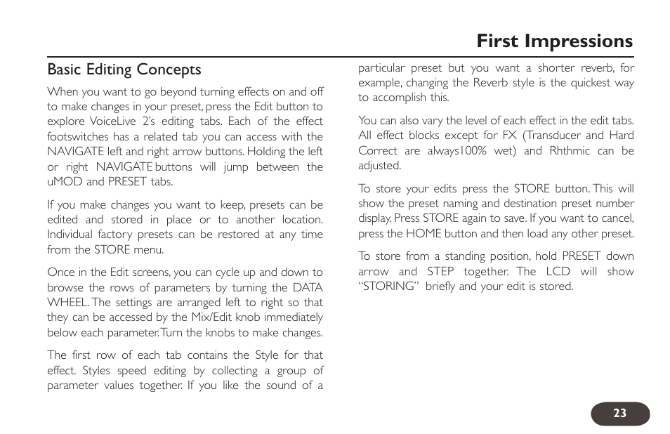 First impressions, Basic editing concepts | TC-Helicon VoiceLive 2 User manual User Manual | Page 23 / 105