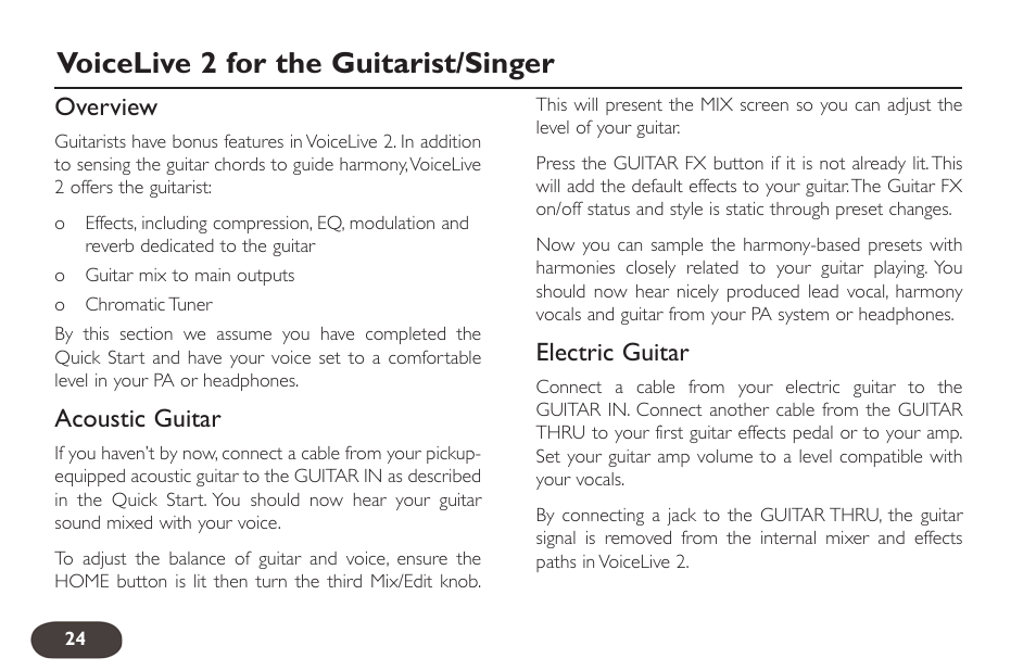Voicelive 2 for the guitarist/singer, Overview, Acoustic guitar | Electric guitar | TC-Helicon VoiceLive 2 User manual User Manual | Page 24 / 105