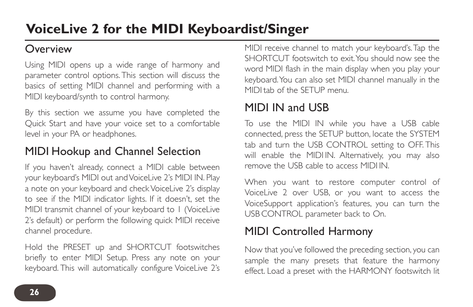Voicelive 2 for the midi keyboardist/singer | TC-Helicon VoiceLive 2 User manual User Manual | Page 26 / 105