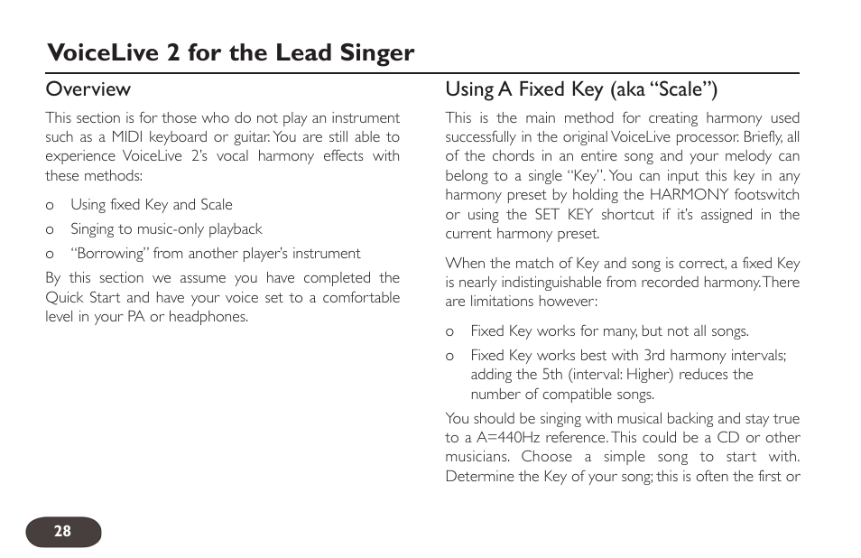 Voicelive 2 for the lead singer | TC-Helicon VoiceLive 2 User manual User Manual | Page 28 / 105