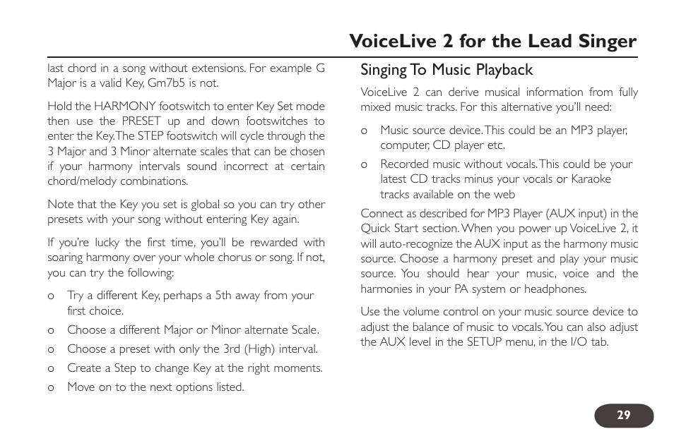 Voicelive 2 for the lead singer, Singing to music playback | TC-Helicon VoiceLive 2 User manual User Manual | Page 29 / 105