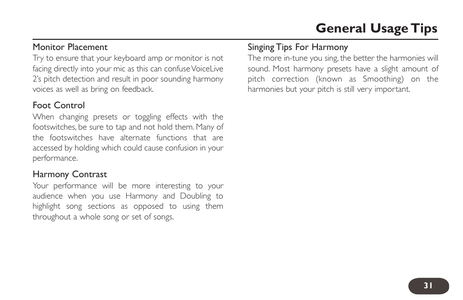 General usage tips | TC-Helicon VoiceLive 2 User manual User Manual | Page 31 / 105