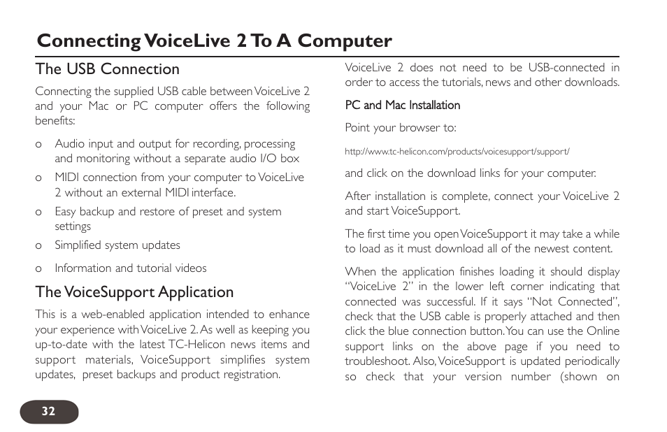 Connecting voicelive 2 to a computer, The usb connection, The voicesupport application | TC-Helicon VoiceLive 2 User manual User Manual | Page 32 / 105