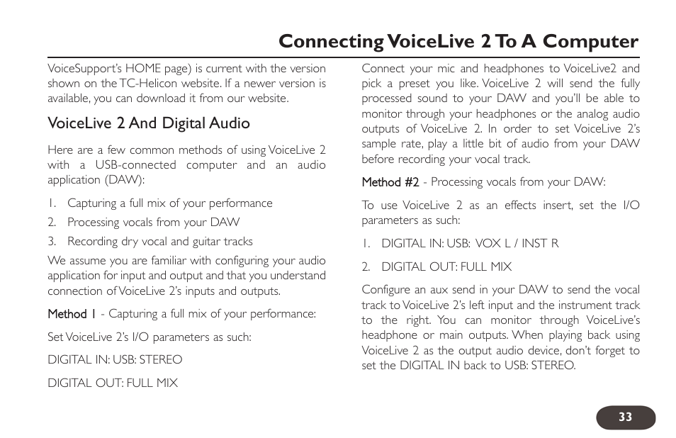 Connecting voicelive 2 to a computer, Voicelive 2 and digital audio | TC-Helicon VoiceLive 2 User manual User Manual | Page 33 / 105