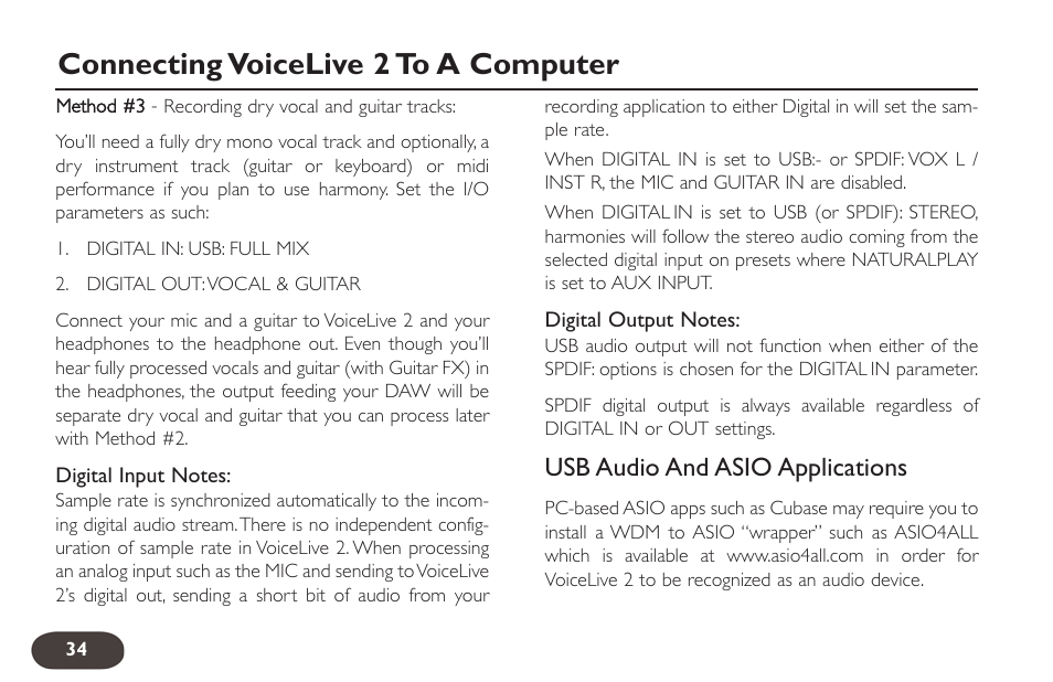 Connecting voicelive 2 to a computer, Usb audio and asio applications | TC-Helicon VoiceLive 2 User manual User Manual | Page 34 / 105