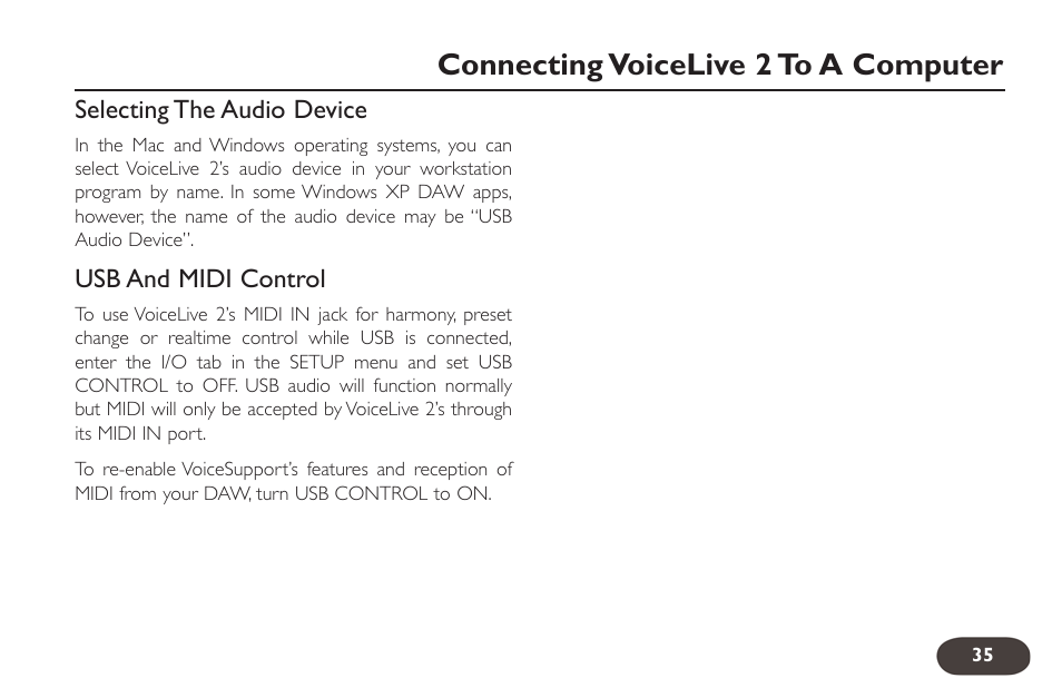 Connecting voicelive 2 to a computer | TC-Helicon VoiceLive 2 User manual User Manual | Page 35 / 105