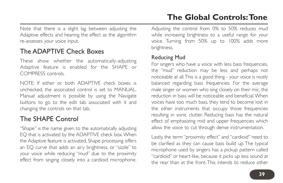The global controls:tone | TC-Helicon VoiceLive 2 User manual User Manual | Page 39 / 105